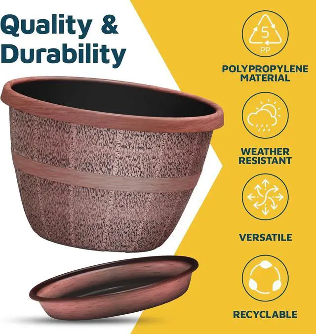 Alt view image 6 of 7 - 10-Inch Whiskey Barrel Planters Outdoor Pack of 5 - Durable Plastic Plant Pots for Indoor & Outdoor Use with Drainage & Saucer, Lightweight Rustic Barrel Planters for Flowers, Herbs & Small Plants