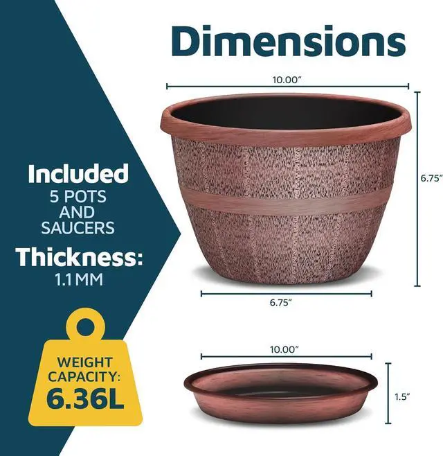 Alt view image 2 of 7 - 10-Inch Whiskey Barrel Planters Outdoor Pack of 5 - Durable Plastic Plant Pots for Indoor & Outdoor Use with Drainage & Saucer, Lightweight Rustic Barrel Planters for Flowers, Herbs & Small Plants