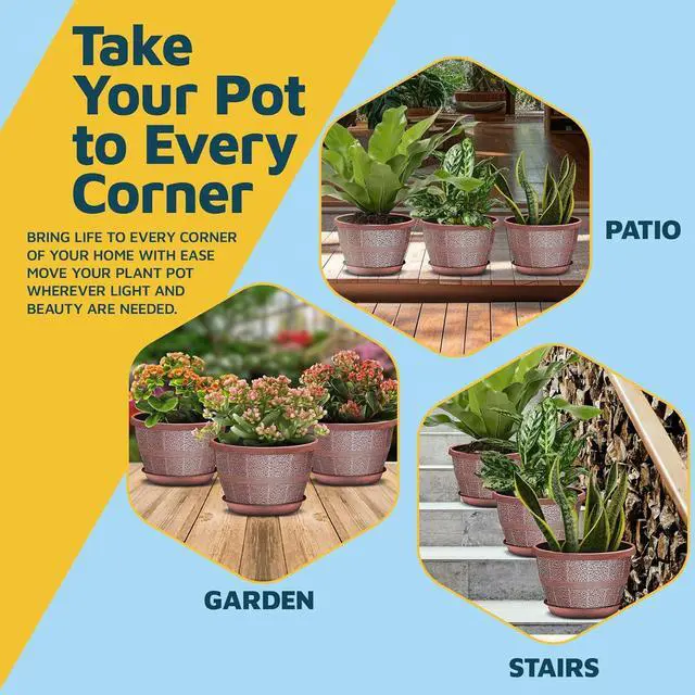 Alt view image 7 of 7 - 10-Inch Whiskey Barrel Planters Outdoor Pack of 5 - Durable Plastic Plant Pots for Indoor & Outdoor Use with Drainage & Saucer, Lightweight Rustic Barrel Planters for Flowers, Herbs & Small Plants
