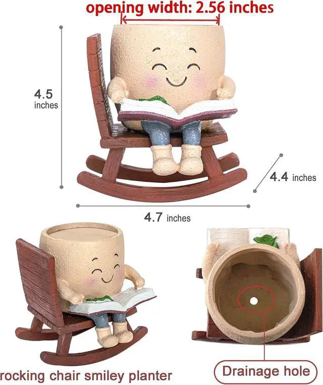 Alt view image 2 of 6 - Rocking Chair Smiley Face Planter with Drainage Hole, Cute Plant Pots for Indoor Outdoor Plants,Unique Flower Pot for Succulents, Gift for Mother's Day, Birthday, Christmas
