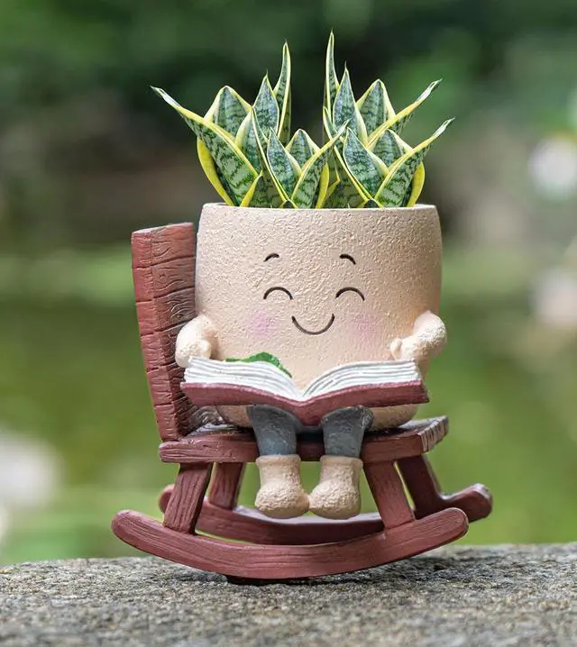 Alt view image 3 of 6 - Rocking Chair Smiley Face Planter with Drainage Hole, Cute Plant Pots for Indoor Outdoor Plants,Unique Flower Pot for Succulents, Gift for Mother's Day, Birthday, Christmas