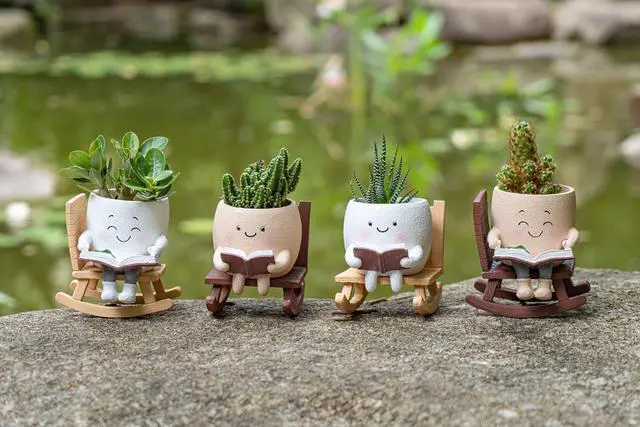 Alt view image 6 of 6 - Rocking Chair Smiley Face Planter with Drainage Hole, Cute Plant Pots for Indoor Outdoor Plants,Unique Flower Pot for Succulents, Gift for Mother's Day, Birthday, Christmas