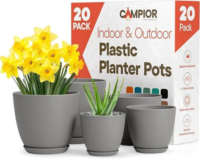 Main image of Campior Plastic Plant Pots with Drainage - Home Decor Flower Pot, Stackable Design for Indoor and Outdoor Use, Lightweight and Sturdy, Space-Saving, (7, 6.6, 6, 5.3, 4.8 Inches), Pack of 20, Gray