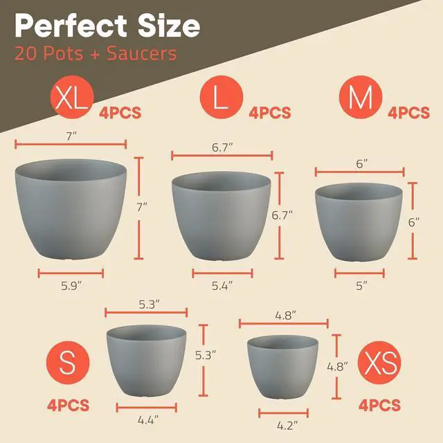 Alt view image 2 of 7 - Campior Plastic Plant Pots with Drainage - Home Decor Flower Pot, Stackable Design for Indoor and Outdoor Use, Lightweight and Sturdy, Space-Saving, (7, 6.6, 6, 5.3, 4.8 Inches), Pack of 20, Gray