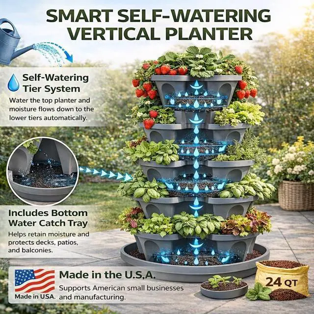 Alt view image 2 of 7 - 5-Tier Stackable Strawberry Garden 24 Quart Indoor / Outdoor Stacking Planter with Drip Saucer Grow Herbs, Strawberries, and Flowers from The Kitchen or Backyard Plant and Stack! Easy Gardening