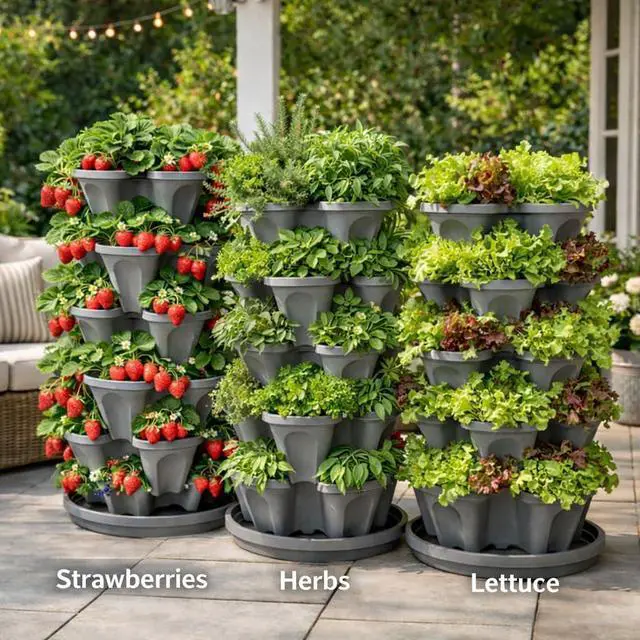 Alt view image 3 of 7 - 5-Tier Stackable Strawberry Garden 24 Quart Indoor / Outdoor Stacking Planter with Drip Saucer Grow Herbs, Strawberries, and Flowers from The Kitchen or Backyard Plant and Stack! Easy Gardening
