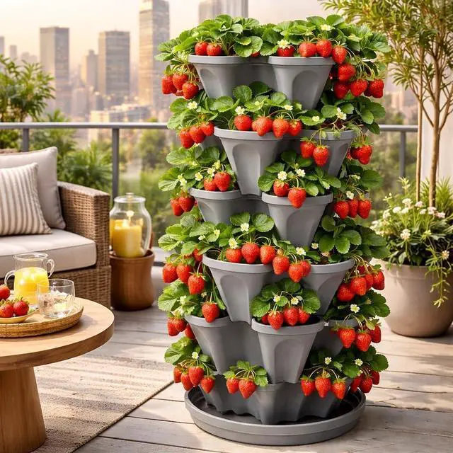 Alt view image 5 of 7 - 5-Tier Stackable Strawberry Garden 24 Quart Indoor / Outdoor Stacking Planter with Drip Saucer Grow Herbs, Strawberries, and Flowers from The Kitchen or Backyard Plant and Stack! Easy Gardening