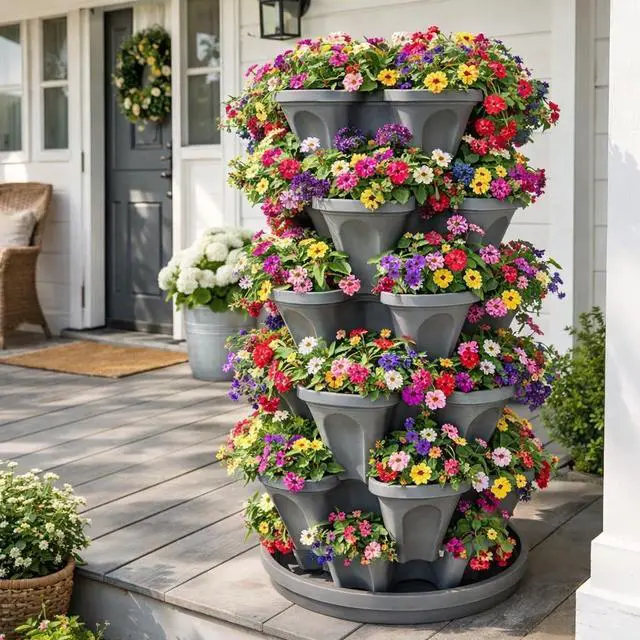 Alt view image 6 of 7 - 5-Tier Stackable Strawberry Garden 24 Quart Indoor / Outdoor Stacking Planter with Drip Saucer Grow Herbs, Strawberries, and Flowers from The Kitchen or Backyard Plant and Stack! Easy Gardening
