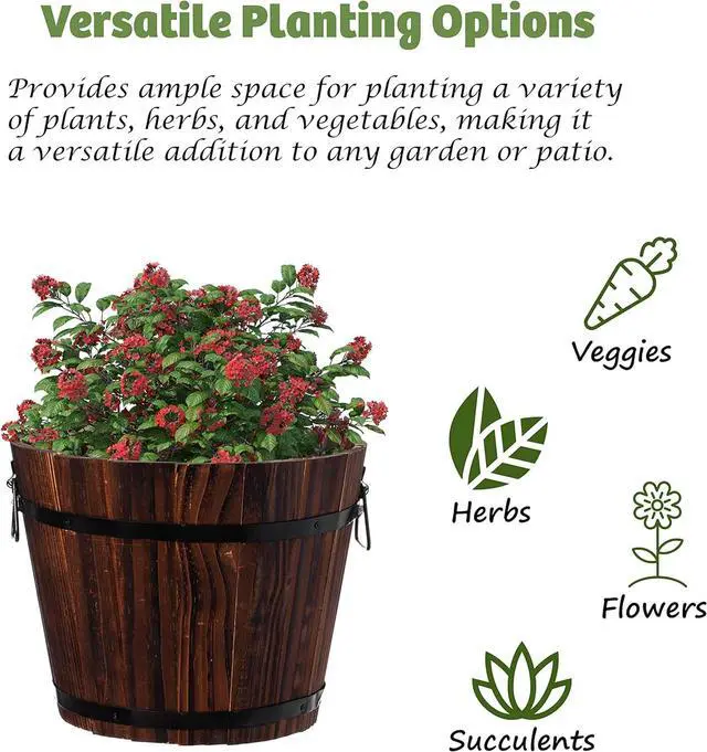 Alt view image 3 of 7 - Rustic Wooden Whiskey Barrel Planter with Durable Medal Handles and Drainage Hole - Perfect for Indoor and Outdoor Plants, Herbs, and Vegetables - Small