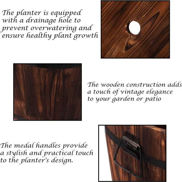 Alt view image 4 of 7 - Rustic Wooden Whiskey Barrel Planter with Durable Medal Handles and Drainage Hole - Perfect for Indoor and Outdoor Plants, Herbs, and Vegetables - Small