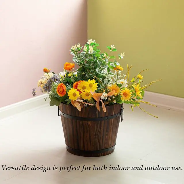 Alt view image 5 of 7 - Rustic Wooden Whiskey Barrel Planter with Durable Medal Handles and Drainage Hole - Perfect for Indoor and Outdoor Plants, Herbs, and Vegetables - Small
