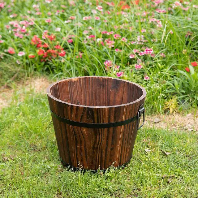 Alt view image 7 of 7 - Rustic Wooden Whiskey Barrel Planter with Durable Medal Handles and Drainage Hole - Perfect for Indoor and Outdoor Plants, Herbs, and Vegetables - Small