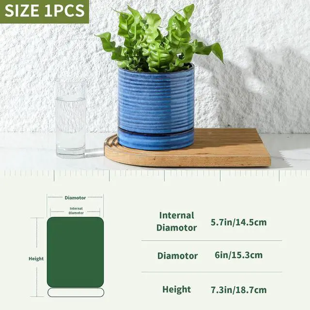 Alt view image 3 of 7 - HASENSE Ceramic Plant Pots Indoor Outdoor, 6 Inch Round Pot for Plants with Drainage Hole and Saucer, Reactive Glaze Blue Planter for Herb Snake, Ideal for Mom Gift