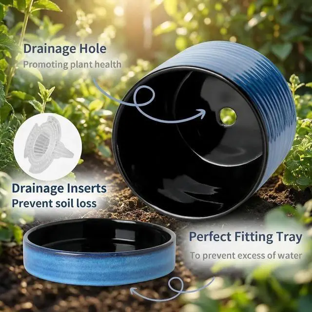 Alt view image 6 of 7 - HASENSE Ceramic Plant Pots Indoor Outdoor, 6 Inch Round Pot for Plants with Drainage Hole and Saucer, Reactive Glaze Blue Planter for Herb Snake, Ideal for Mom Gift