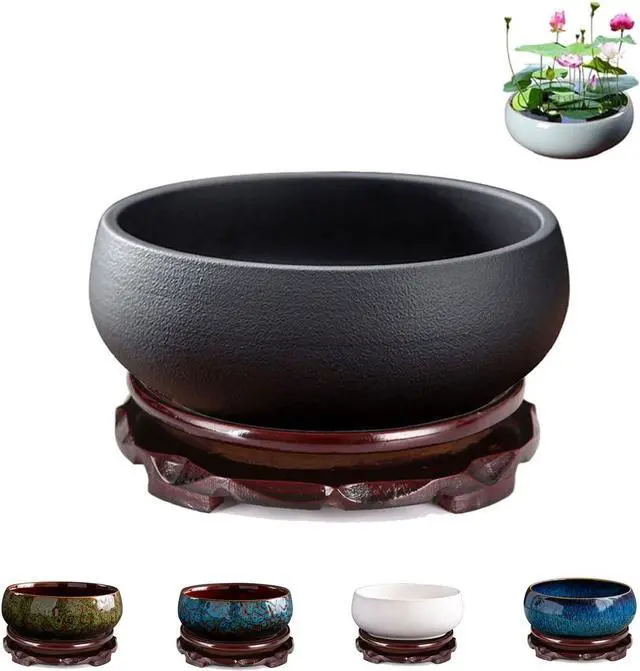 Main image of Lotus Bowl Planter, Lotus Bowls for Planting in Water Indoors,6.5-inch Round Succulent Flower Pot with Rotating Bracket, Leak-Proof Design, Suitable for hydroponic Plants, Succulents (Black)