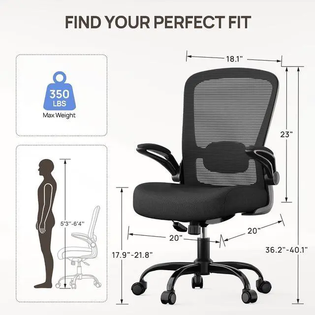 Alt view image 2 of 7 - Ergonomic Office Chair w/Adjustable Lumbar, Flip Armrest, 135° Recline | Supports 300 lbs · Seat 19.48"23.4" · Breathable mesh · 2030 min assembly · 5-year warranty