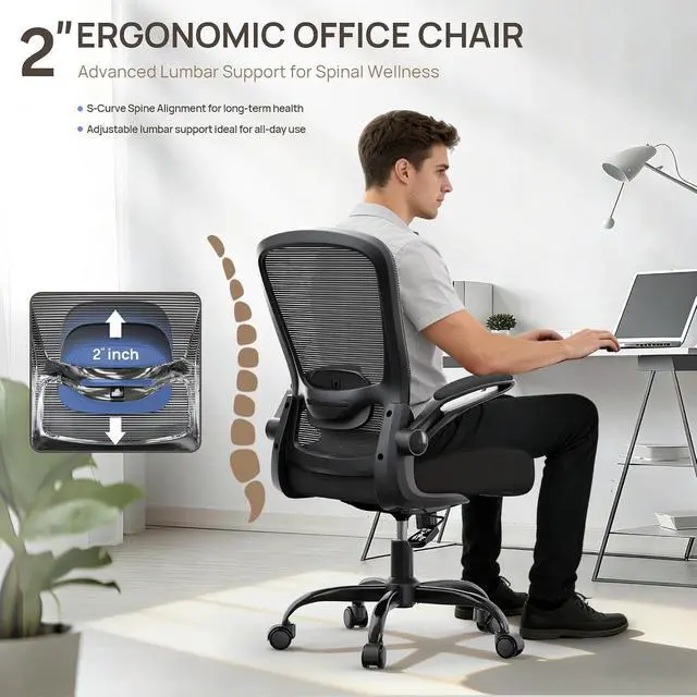 Alt view image 4 of 7 - Ergonomic Office Chair w/Adjustable Lumbar, Flip Armrest, 135° Recline | Supports 300 lbs · Seat 19.48"23.4" · Breathable mesh · 2030 min assembly · 5-year warranty