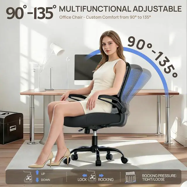 Alt view image 5 of 7 - Ergonomic Office Chair w/Adjustable Lumbar, Flip Armrest, 135° Recline | Supports 300 lbs · Seat 19.48"23.4" · Breathable mesh · 2030 min assembly · 5-year warranty