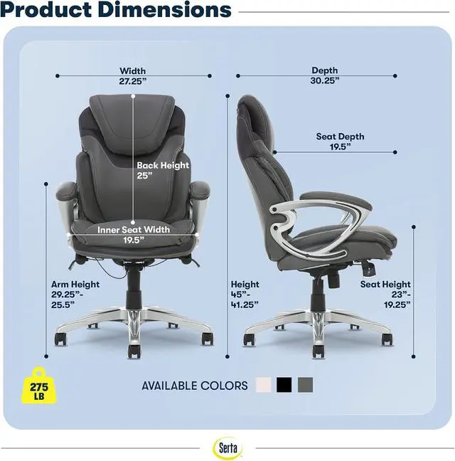 Alt view image 2 of 7 - Serta Bryce Executive Office Chair - Ergonomic Computer Desk Chair with Patented AIR Lumbar Technology - Adjustable Height - Memory Foam Body Pillows - 360° Swivel Rolling Base - Bonded Leather - Gray