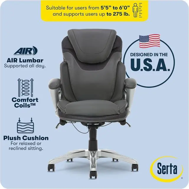 Alt view image 4 of 7 - Serta Bryce Executive Office Chair - Ergonomic Computer Desk Chair with Patented AIR Lumbar Technology - Adjustable Height - Memory Foam Body Pillows - 360° Swivel Rolling Base - Bonded Leather - Gray