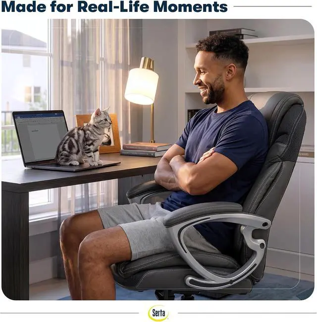 Alt view image 3 of 7 - Serta Bryce Executive Office Chair - Ergonomic Computer Desk Chair with Patented AIR Lumbar Technology - Adjustable Height - Memory Foam Body Pillows - 360° Swivel Rolling Base - Bonded Leather - Gray