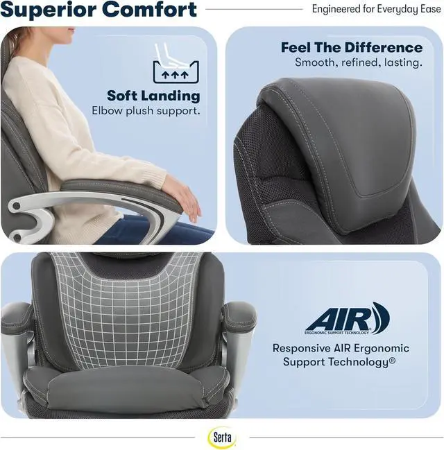 Alt view image 5 of 7 - Serta Bryce Executive Office Chair - Ergonomic Computer Desk Chair with Patented AIR Lumbar Technology - Adjustable Height - Memory Foam Body Pillows - 360° Swivel Rolling Base - Bonded Leather - Gray