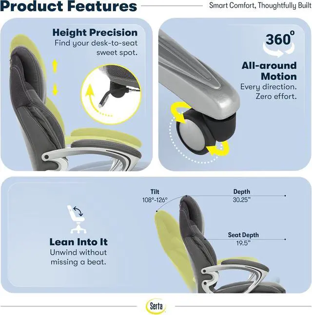 Alt view image 6 of 7 - Serta Bryce Executive Office Chair - Ergonomic Computer Desk Chair with Patented AIR Lumbar Technology - Adjustable Height - Memory Foam Body Pillows - 360° Swivel Rolling Base - Bonded Leather - Gray