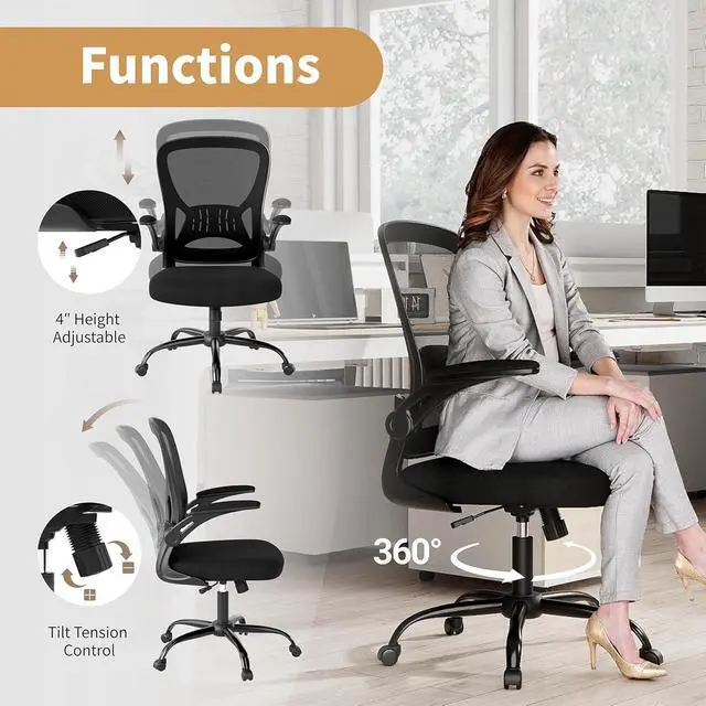Alt view image 6 of 7 - Youhauchair Adjustable Mesh Ergonomic Office Chair with Wheels, Black | Flip-up Arms, Lumbar Support, Home Desk Chair, Height Adjustable, Breathable, Mid Back Swivel Compurter Chair, Set of 1