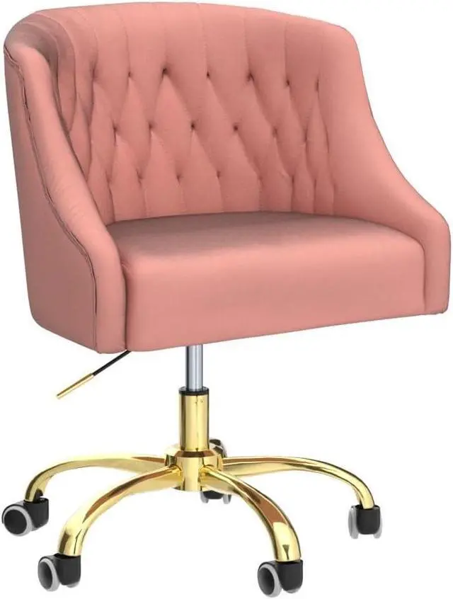 Alt view image 4 of 7 - MOJAY Velvet Home Office Desk Chair, Vanity Chair with Wheels Pretty Fancy Gold 360°Swivel Height Adjustable Office Chairs for Girls Home Offices, Bedrooms, Living Room (Pink)