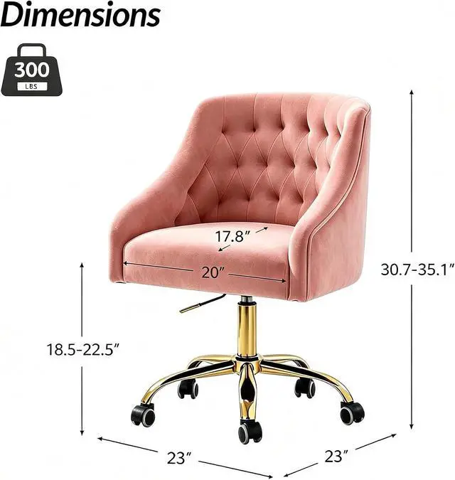 Alt view image 2 of 7 - MOJAY Velvet Home Office Desk Chair, Vanity Chair with Wheels Pretty Fancy Gold 360°Swivel Height Adjustable Office Chairs for Girls Home Offices, Bedrooms, Living Room (Pink)