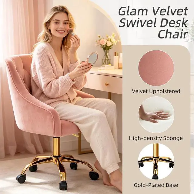 Alt view image 5 of 7 - MOJAY Velvet Home Office Desk Chair, Vanity Chair with Wheels Pretty Fancy Gold 360°Swivel Height Adjustable Office Chairs for Girls Home Offices, Bedrooms, Living Room (Pink)