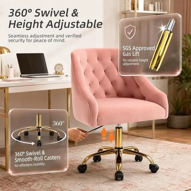 Alt view image 6 of 7 - MOJAY Velvet Home Office Desk Chair, Vanity Chair with Wheels Pretty Fancy Gold 360°Swivel Height Adjustable Office Chairs for Girls Home Offices, Bedrooms, Living Room (Pink)