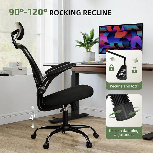 Alt view image 4 of 7 - ralex-chair Office Desk Chair with Adjustable Headrest and Flip-Up Armrests | 300lbs Ergonomic Computer Chair with Adjustable Height, Comfortable for Home, Office, Conference Room-Black