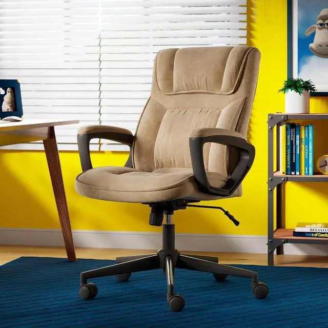 Alt view image 2 of 7 - Serta® Hannah Executive Home Office Desk Chair, Ergonomic Mid-Back with Lumbar Support, Firm Seat Cushion, Layered Body Pillows, Padded Armrests, Swivel Base, Easy Assembly, Microfiber, Beige