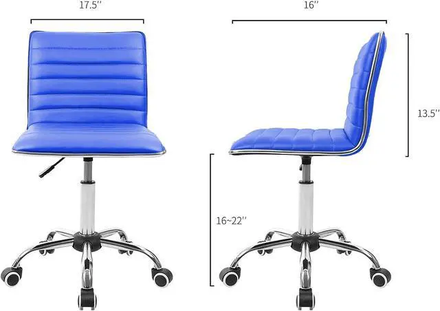 Alt view image 2 of 7 - JUMMICO Armless Vanity Office Chair with Wheels, Small Cute Makeup Desk Chair Ribbed Leather Swivel Computer Task Chair (Blue)