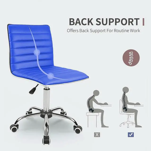 Alt view image 4 of 7 - JUMMICO Armless Vanity Office Chair with Wheels, Small Cute Makeup Desk Chair Ribbed Leather Swivel Computer Task Chair (Blue)