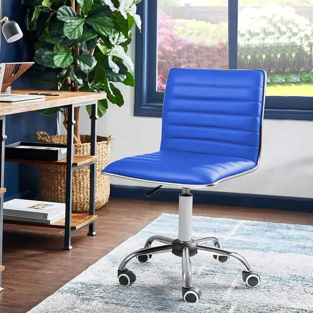 Alt view image 6 of 7 - JUMMICO Armless Vanity Office Chair with Wheels, Small Cute Makeup Desk Chair Ribbed Leather Swivel Computer Task Chair (Blue)