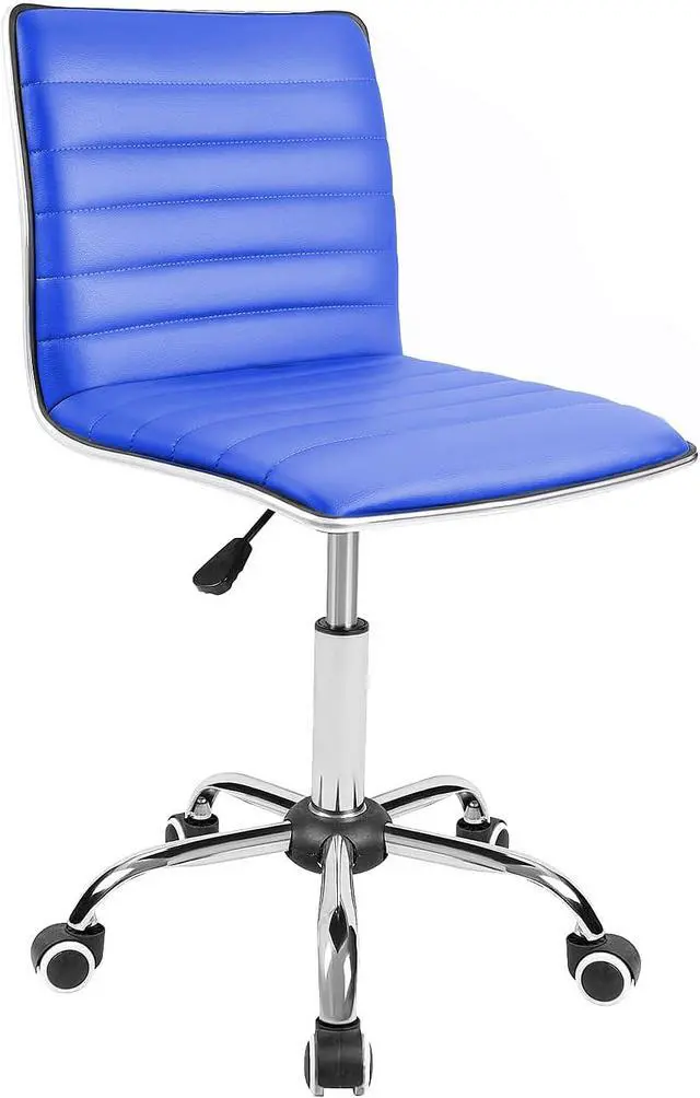 Alt view image 3 of 7 - JUMMICO Armless Vanity Office Chair with Wheels, Small Cute Makeup Desk Chair Ribbed Leather Swivel Computer Task Chair (Blue)