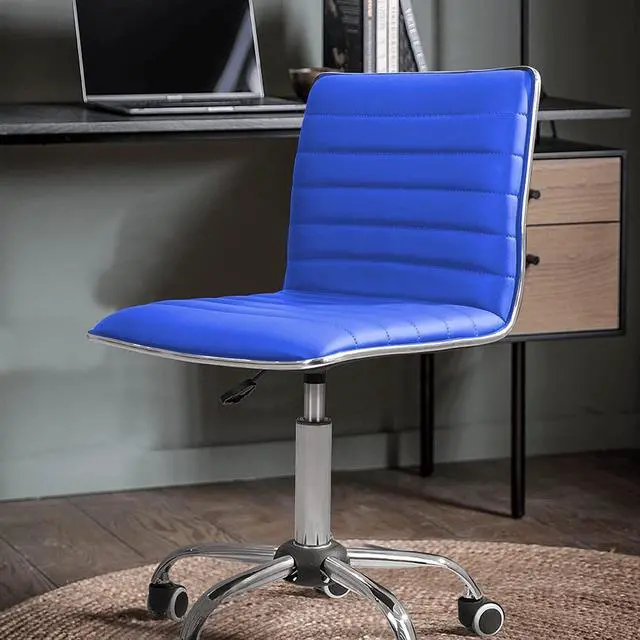Alt view image 7 of 7 - JUMMICO Armless Vanity Office Chair with Wheels, Small Cute Makeup Desk Chair Ribbed Leather Swivel Computer Task Chair (Blue)