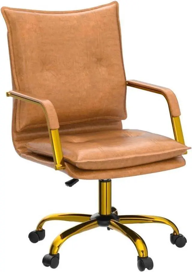 Alt view image 4 of 7 - HULALA HOME Faux Leather Home Office Desk Chair with Golden Legs, Camel | Adjustable Leather Swivel Computer Chair, with Excellent Lumbar Support, Comfy Upholstered Task Chair