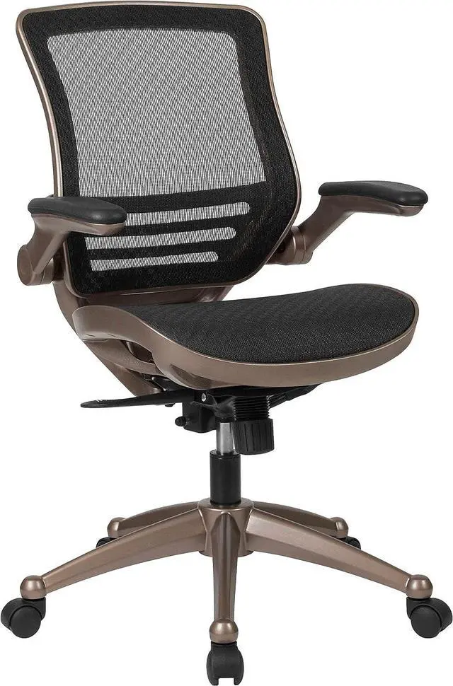 Main image of Flash Furniture Mesh Swivel Office Chair, Black/Melrose Gold | Melrose Gold Frame, Mid-Back, Flip-Up Arms, Mesh Back