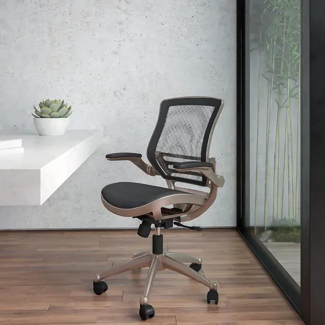Alt view image 2 of 7 - Flash Furniture Mesh Swivel Office Chair, Black/Melrose Gold | Melrose Gold Frame, Mid-Back, Flip-Up Arms, Mesh Back