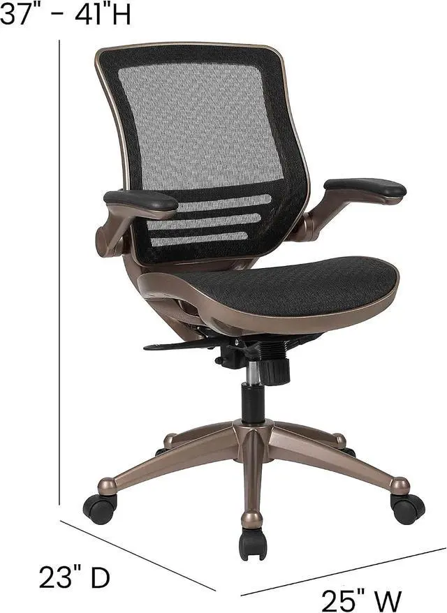 Alt view image 3 of 7 - Flash Furniture Mesh Swivel Office Chair, Black/Melrose Gold | Melrose Gold Frame, Mid-Back, Flip-Up Arms, Mesh Back