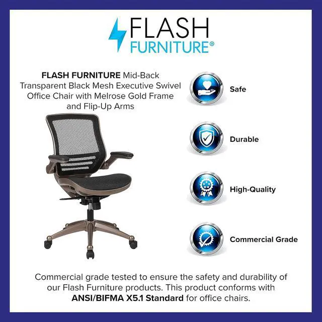 Alt view image 4 of 7 - Flash Furniture Mesh Swivel Office Chair, Black/Melrose Gold | Melrose Gold Frame, Mid-Back, Flip-Up Arms, Mesh Back