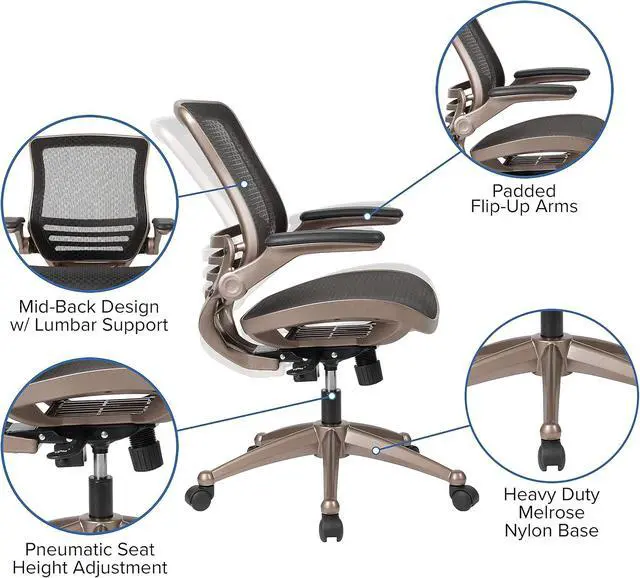 Alt view image 5 of 7 - Flash Furniture Mesh Swivel Office Chair, Black/Melrose Gold | Melrose Gold Frame, Mid-Back, Flip-Up Arms, Mesh Back