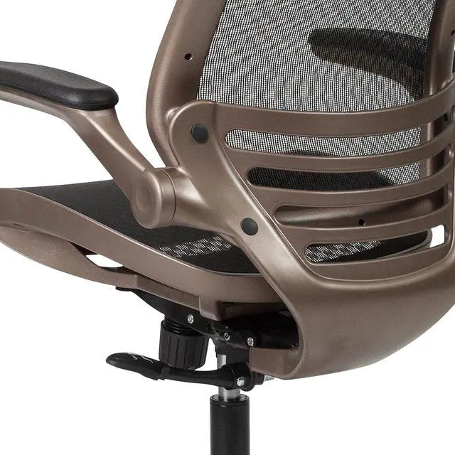 Alt view image 7 of 7 - Flash Furniture Mesh Swivel Office Chair, Black/Melrose Gold | Melrose Gold Frame, Mid-Back, Flip-Up Arms, Mesh Back