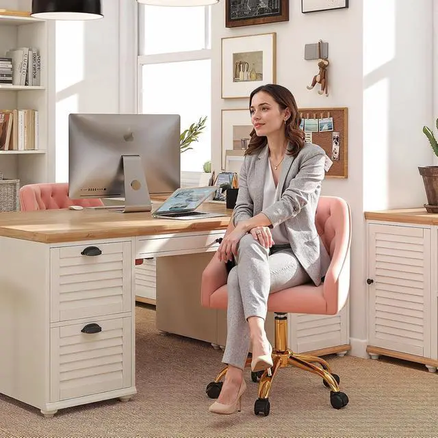 Alt view image 7 of 7 - MOJAY Velvet Home Office Desk Chair, Vanity Chair with Wheels Pretty Fancy Gold 360°Swivel Height Adjustable Office Chairs for Girls Home Offices, Bedrooms, Living Room (Pink)