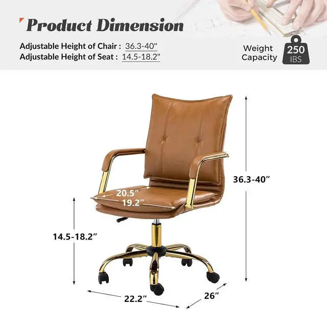 Alt view image 2 of 7 - HULALA HOME Faux Leather Home Office Desk Chair with Golden Legs, Camel | Adjustable Leather Swivel Computer Chair, with Excellent Lumbar Support, Comfy Upholstered Task Chair