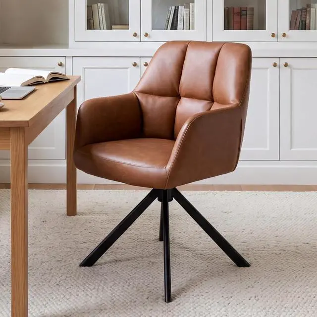 Main image of EALSON Comfy Leather Desk Chair Modern Computer Task Chair no Wheels Swivel Accent Chair with Mid Back Arm Chair for Living Room/Bedroom/Home Office, PU Brown