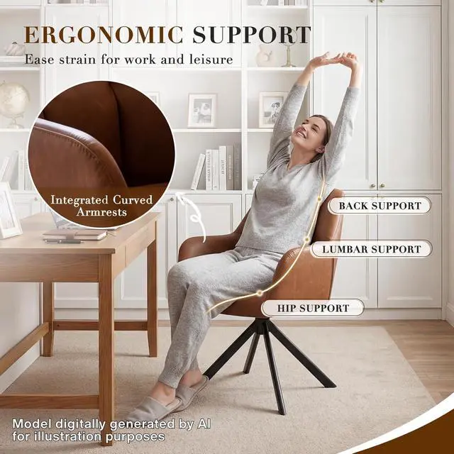 Alt view image 3 of 7 - EALSON Comfy Leather Desk Chair Modern Computer Task Chair no Wheels Swivel Accent Chair with Mid Back Arm Chair for Living Room/Bedroom/Home Office, PU Brown